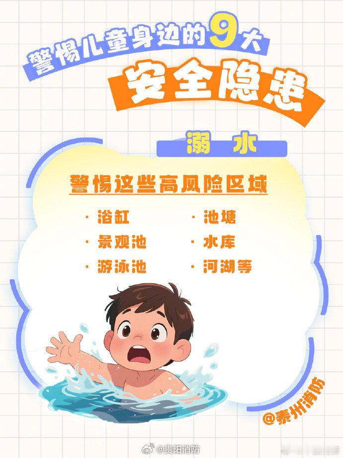 #被困酒店卫生间1岁多婴儿险失温# 【9张图守护孩子平安】盘点孩子身边9大隐患！跌落、触电、交通意外、溺水、异物卡喉......每一项都暗藏危机！家长盯紧高危场景、收纳危险物品，给孩子做好安全教育。 ​​​