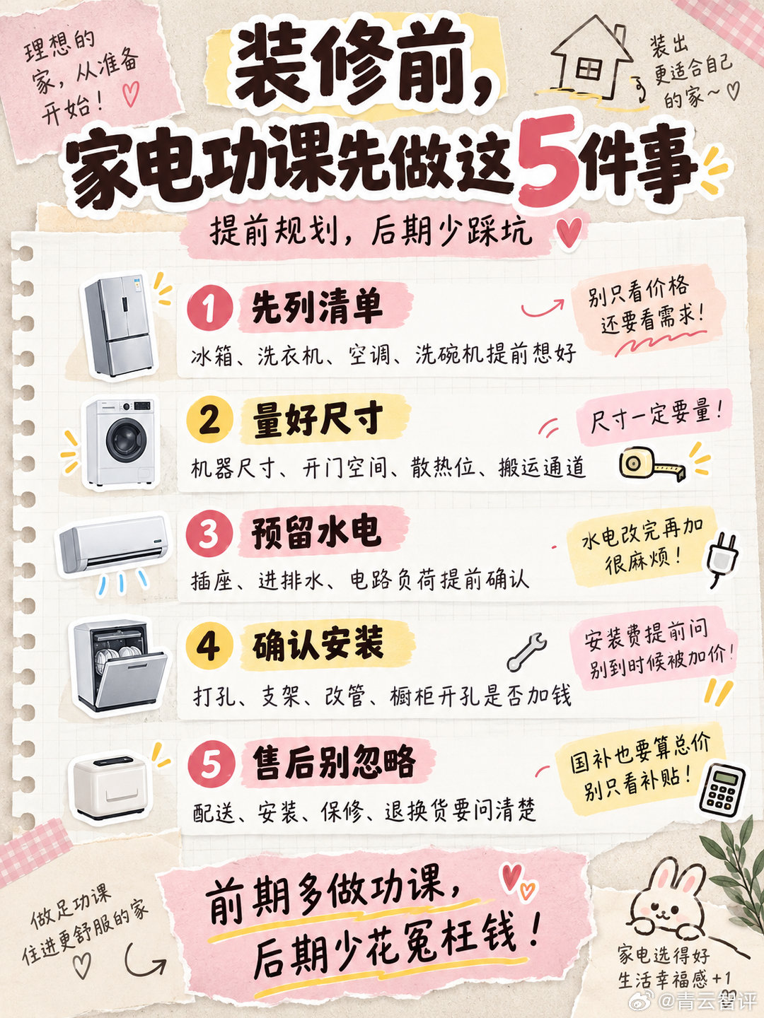#装修网购家电怎么避坑# 说句实话，网购家电的坑不在于怎么选。

而是你装修环境和家电配套不配套，再好的家电，在你家安装不了，或者说是要额外改造水电，我相信你都会头大的。

我们装修的时候，一定要提前家电清单，至少要明确冰箱、洗衣机、烘干机、洗碗机、蒸烤箱、燃气热水器、空调这些大件准备买什么类型，具体型号可以后面慢慢挑，但尺寸、安装方式、水电需求一定要提前确定。

第一件事就是量尺寸，而且不能只看机器尺寸。冰箱要考虑开门、散热和搬运通道；洗碗机、蒸烤箱要看橱柜开孔；洗衣机烘干机要提前留好排水、插座和叠放空间。很多买回来装不上的问题，基本都出在这里。

第二个是提前规划水电。像洗碗机、净水器、智能马桶、洗衣机这些，都可能涉及进水、排水和插座位置；空调、烘干机、蒸烤箱还要确认电路负荷，最起码要符合网上的爆款安装需求，不然等硬装结束再发现插座位置不对，改起来就很麻烦。

第三个是确认安装条件。哪些需要打孔、改管、加支架、改燃气、改橱柜，最好提前问清楚收费标准。别等师傅上门才知道“基础安装...