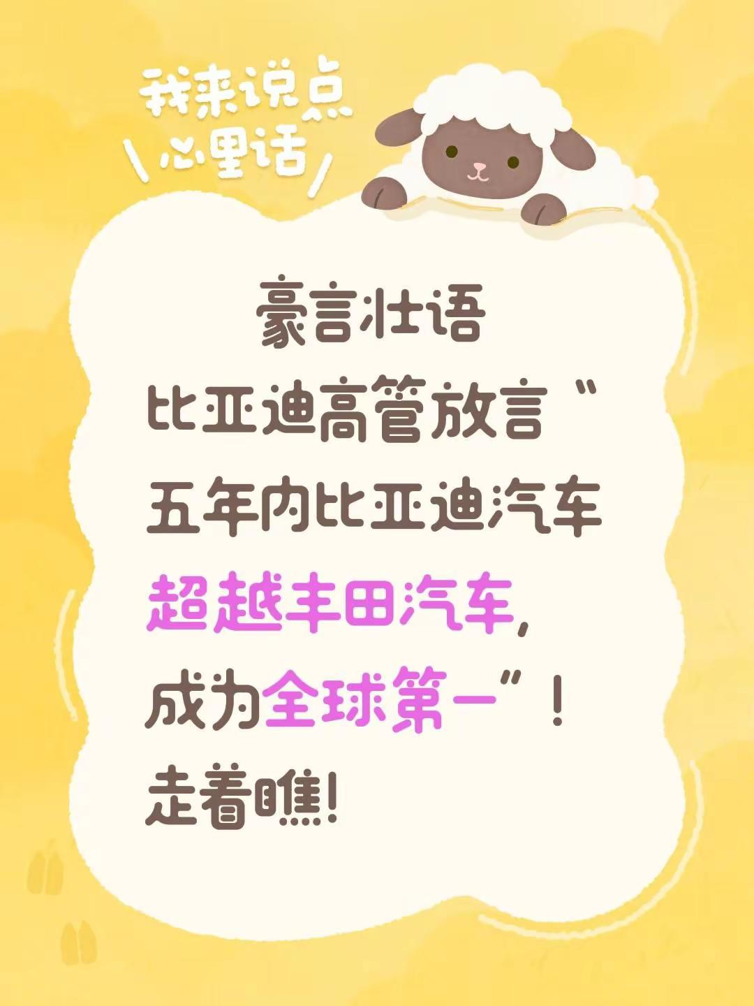 豪言壮语比亚迪高管放言“五年内比亚迪汽车超越丰田汽车，成为全球第一”！走着瞧！