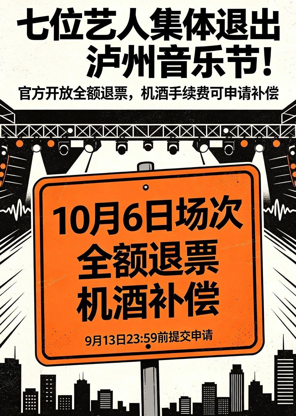 因TF家族七位艺人档期调整集体退出，银河左岸音乐节已宣布对10月6日泸州场次开放全额退票，并罕见地推出机酒退订手续费补偿方案。  一、退票与补偿核心方案- 门票全额退：即日起至2026年9月13日23