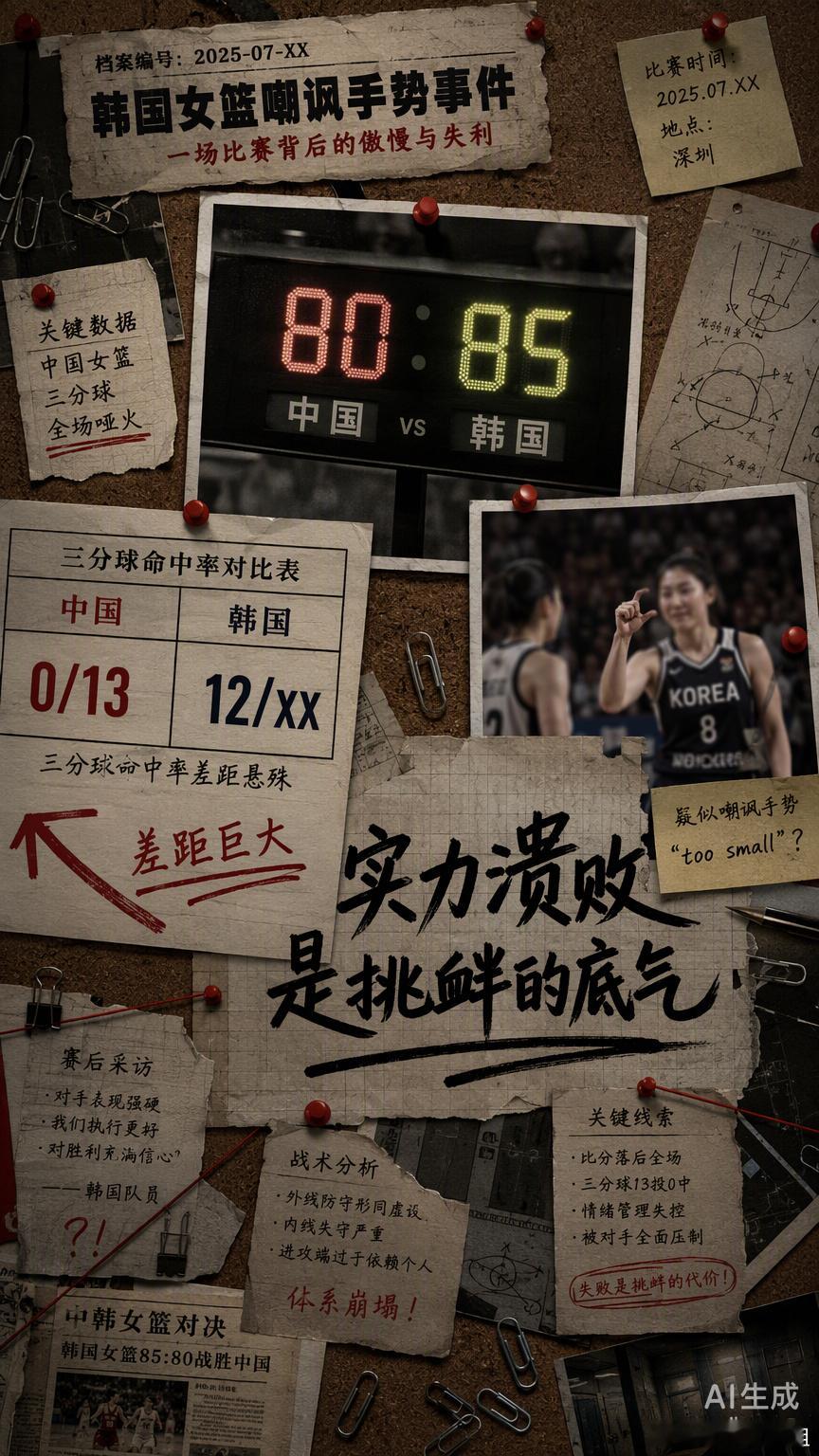 那个“too small”的手势，像一记响亮的耳光，打在了中国女篮的脸上，也打在了所有关注这场比赛的人心里。

在名古屋的赛场上，80比85的比分定格了中国女篮32年来首次无缘亚运决赛的尴尬。韩国球员秦安在终场哨响后比出的那个极具挑衅意味的动作，迅速点燃了舆论的火药桶。很多人觉得这是缺乏体育精神 ​