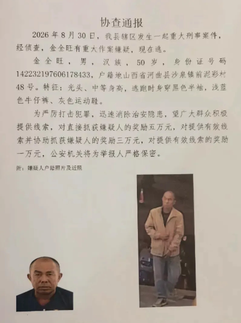 #警方称山西重大刑案嫌犯尚未到案# 

山西忻州发生重大刑案，50岁光头男子在逃，警方悬赏5万元捉拿，知情人称受害人尚未脱离危险。

据法治日报消息，9月1日，山西省忻州市保德县公安局发布协查通报称，该县辖区8月30日发生一起重大刑事案件，经侦查，金全旺有重大作案嫌疑，现在逃。

通报显示，金全 ​