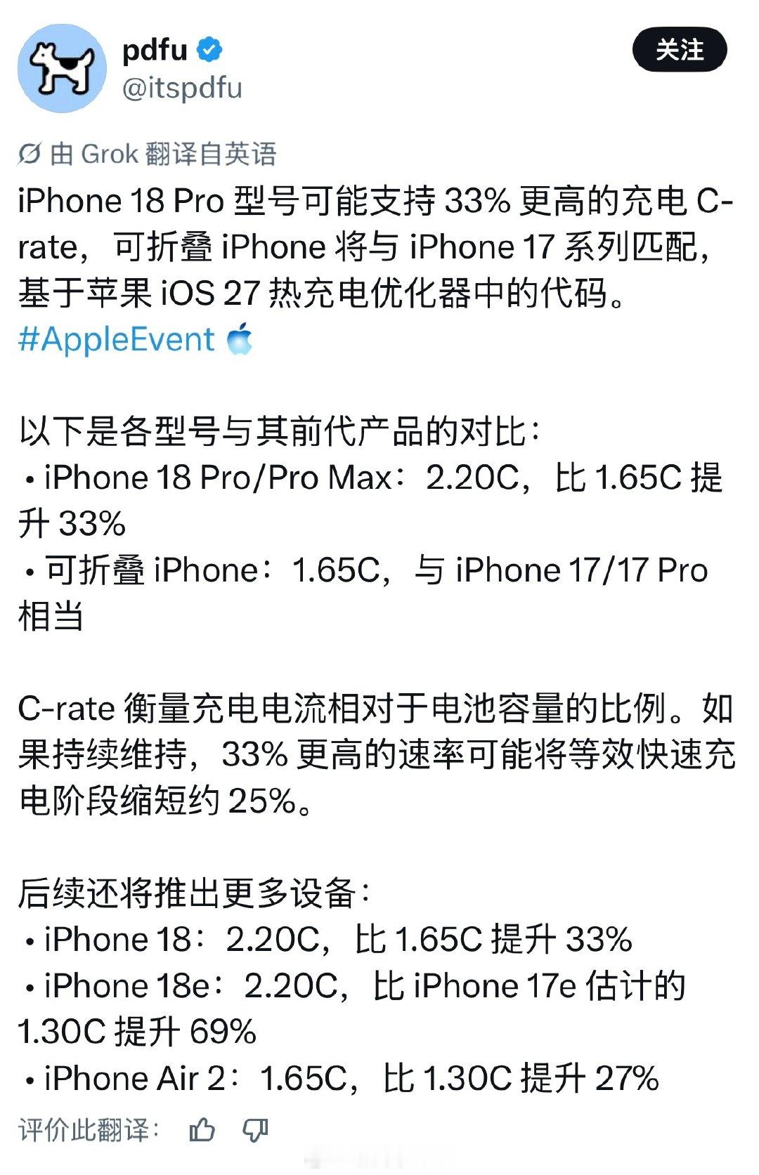 据说，由于 iPhone 18 Pro 散热再次升级，在 iOS 27 的代码中发现 iPhone 18 Pro 的快充也升级了，或将升级到 60W！
#iPhone18Pro首发A20Pro芯片# ​
