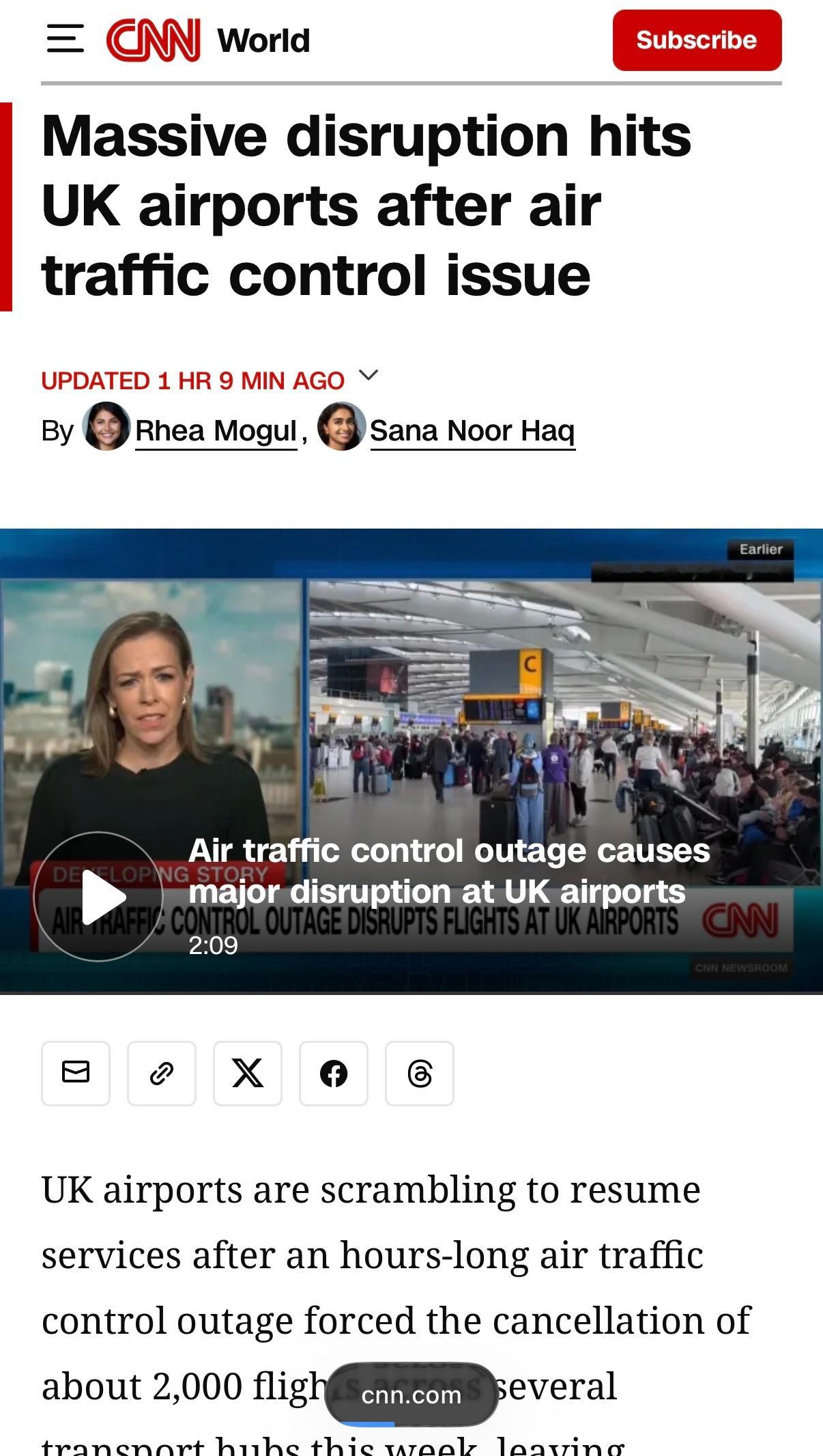 根据CNN报道，空中交通管制问题导致英国机场大规模瘫痪。  

英国机场正在争分夺秒地恢复服务，此前长达数小时的空中交通管制故障迫使本周多个交通枢纽的约 2000 个航班取消，导致乘客滞留。 

周二，多家主要区域航空公司取消了数百个往返伦敦希思罗机场、盖特威克机场和斯坦斯特德机场的航班。尽管部 ​