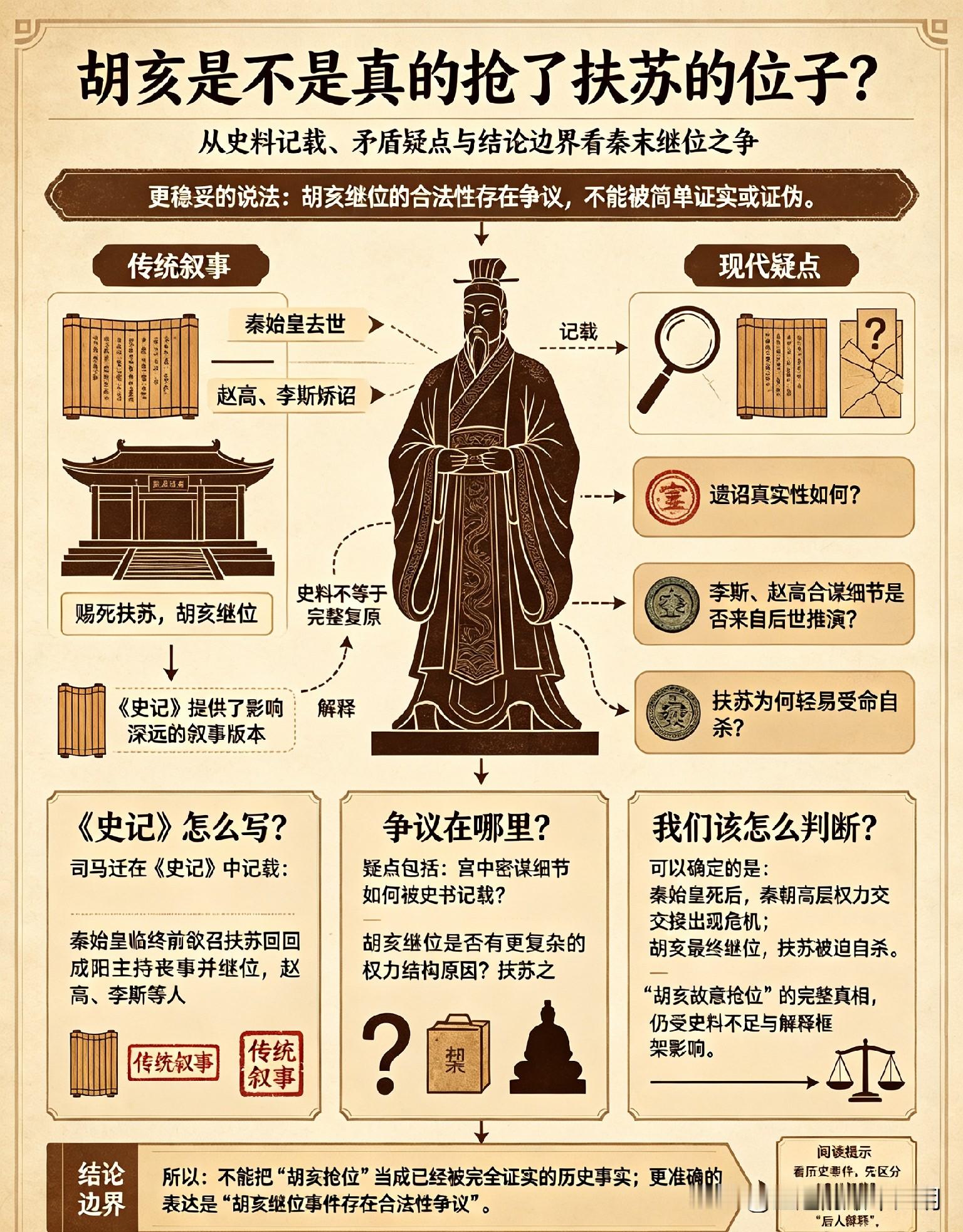 胡亥是不是真的抢了扶苏的位子？

史学界至今没吵出定论。

《史记》说得很直白：

秦始皇遗诏是给扶苏的，赵高、李斯合谋篡改，逼死扶苏，扶胡亥上位。

但2009年入藏的西汉竹简《赵正书》给出了另一版：

秦始皇病重时，李斯等人主动进言“请立子胡亥为代后”，秦始皇亲口答“可”。

按这个说法，胡亥是