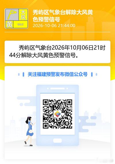 秀屿区气象台2026年10月06日21时44分解除大风黄色预警信号。 ​