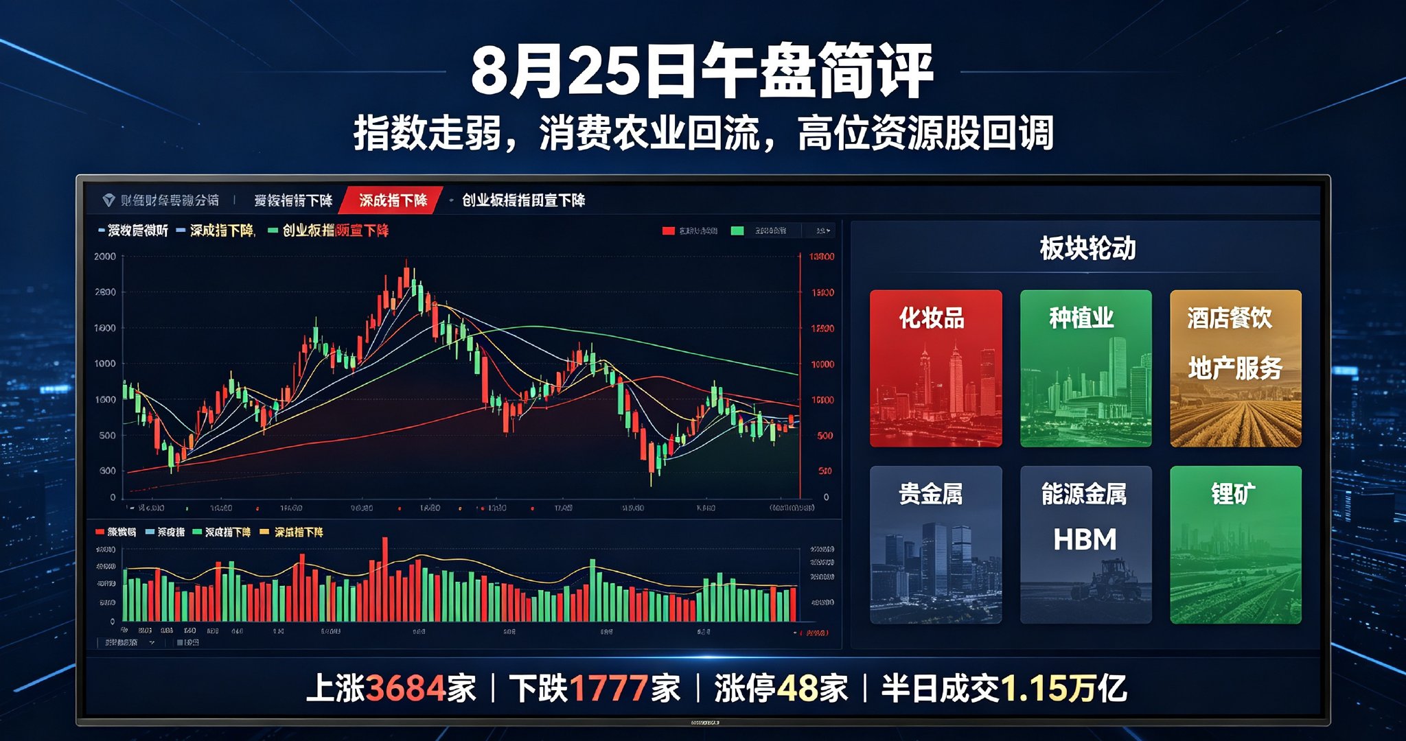 8月25日午评

午盘三大指数集体走弱，沪指跌0.15%，深成指跌0.78%，创业板指大跌1.43%，北证50逆势小幅收涨。半日成交1.15万亿，较昨日明显缩量。个股分化，上涨3684家，下跌1777家，涨停48家。

板块轮动切换很快，化妆品、种植业、酒店餐饮、地产服务领涨，消费、农业资金回流；前期大热的贵金属、能 ​
