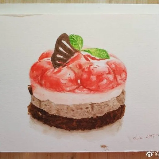 水彩甜品。巧克力草莓蛋糕。