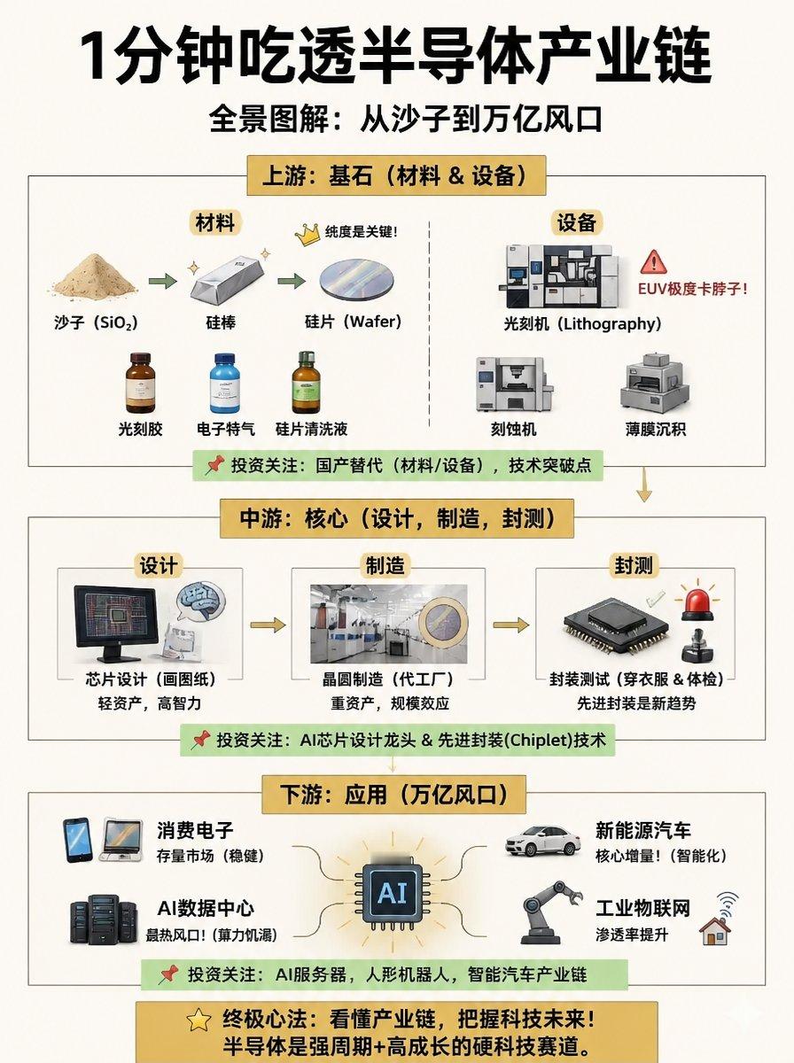我最近捋半导体产业链，顺着这张图看就清楚了：

📍 产业链各环节分工明确
上游做材料和设备；
中游负责芯片设计、制造、封测；
下游用在手机、汽车、AI服务器和工业设备里。

💡 实际值得关注的方向
现在大家盯着 AI 芯片，但芯片需求增长，
受益的可能不只设计公司，设备、材料和先进封装也值得看。