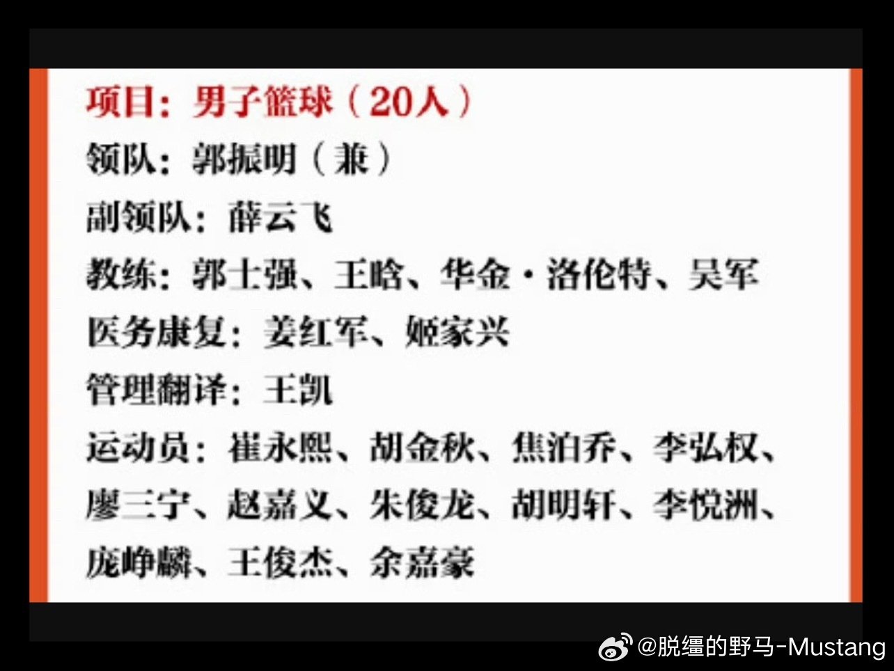 🏀名古屋亚运会｜中国男篮完整代表团名单
主教练郭士强带队，12名年轻球员出征。
胡金秋、胡明轩领衔，崔永熙、廖三宁、余嘉豪等新锐在列！贺希宁落选！其实余嘉豪不比小杨差[奶牛猫]#中国男篮[超话]##中国男篮亚运会名单##中国男篮名古屋亚运会出征名单# ​