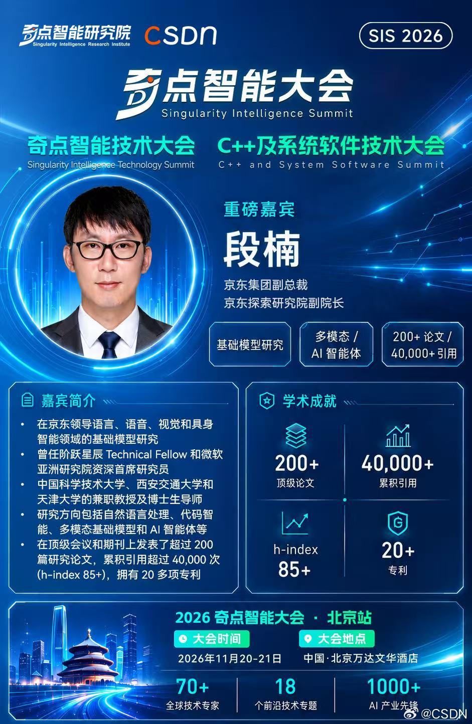 2026 奇点智能技术大会嘉宾快讯：段楠博士确认出席2026奇点智能技术大会并发表演讲

    段楠，现任京东集团副总裁、京东探索研究院副院长，领导语言、语音、视觉和具身智能方向的基础模型研究。
    此前曾任阶跃星辰Technical Fellow、微软亚洲研究院资深首席研究员（2012-2024）。

    科研履历：  ​