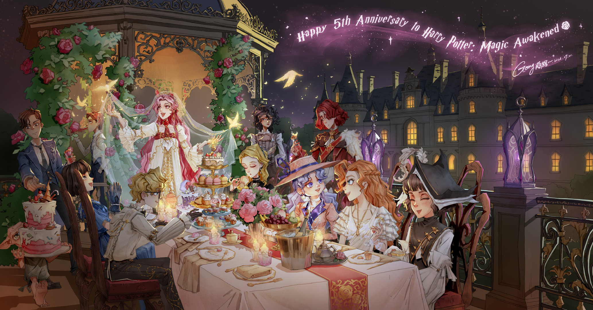 #哈利波特魔法觉醒[超话]# 《五周年贺图｜玫瑰庄园的聚会》
周年庆典已经过了我才肝完贺图(இωஇ )…全体伙伴们身着盛装出席古老庄园里的晚宴啦！哈皮马这么快就五周年，希望小巫师们继续在霍格沃茨开心上学~#魔法觉醒五周年快乐##超话创作官##超话同人绘画大赛# ​