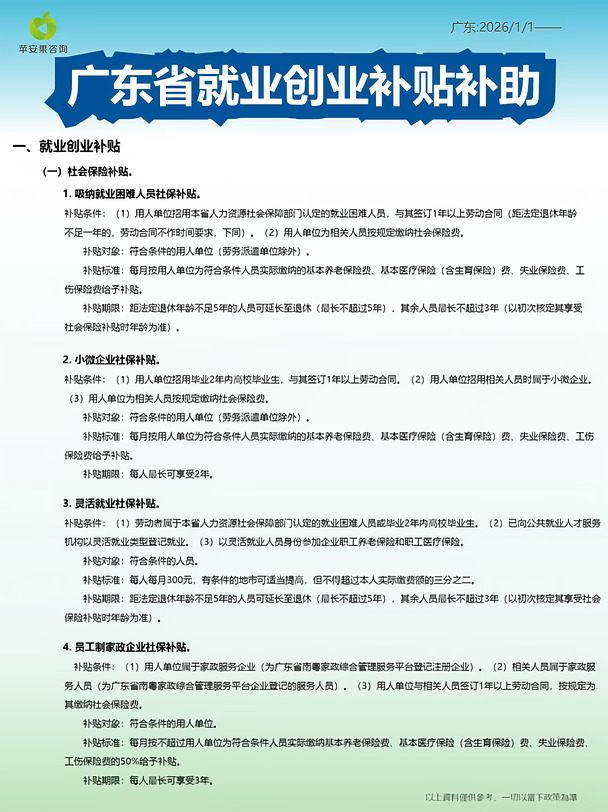 广东省就业创业补贴补助 社保补贴