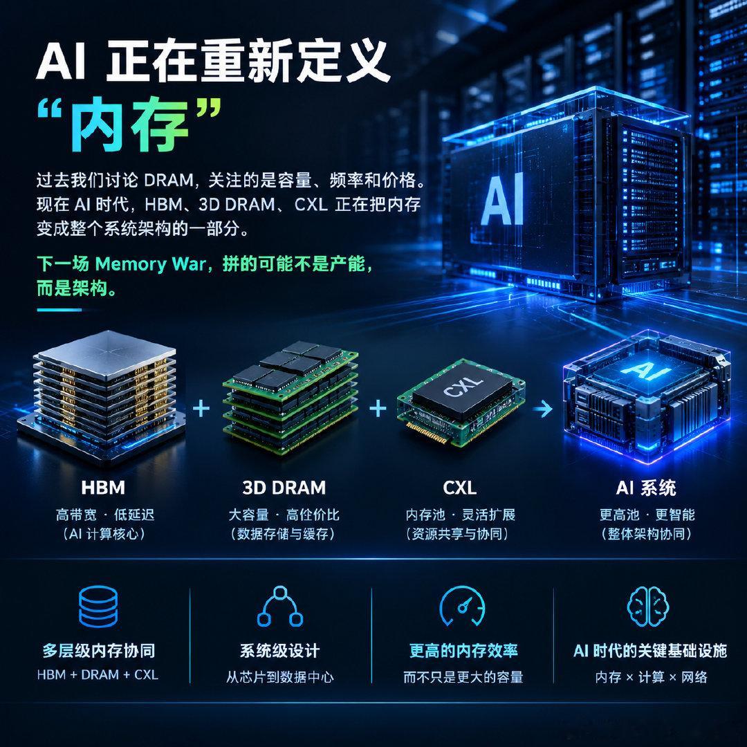 AI 正在重新定义“内存”。

过去我们讨论 DRAM，关注的是容量、频率和价格。

现在 AI 时代，HBM、3D DRAM、CXL 正在把内存变成整个系统架构的一部分。

下一场 Memory War，拼的可能不是产能，而是架构。 ​