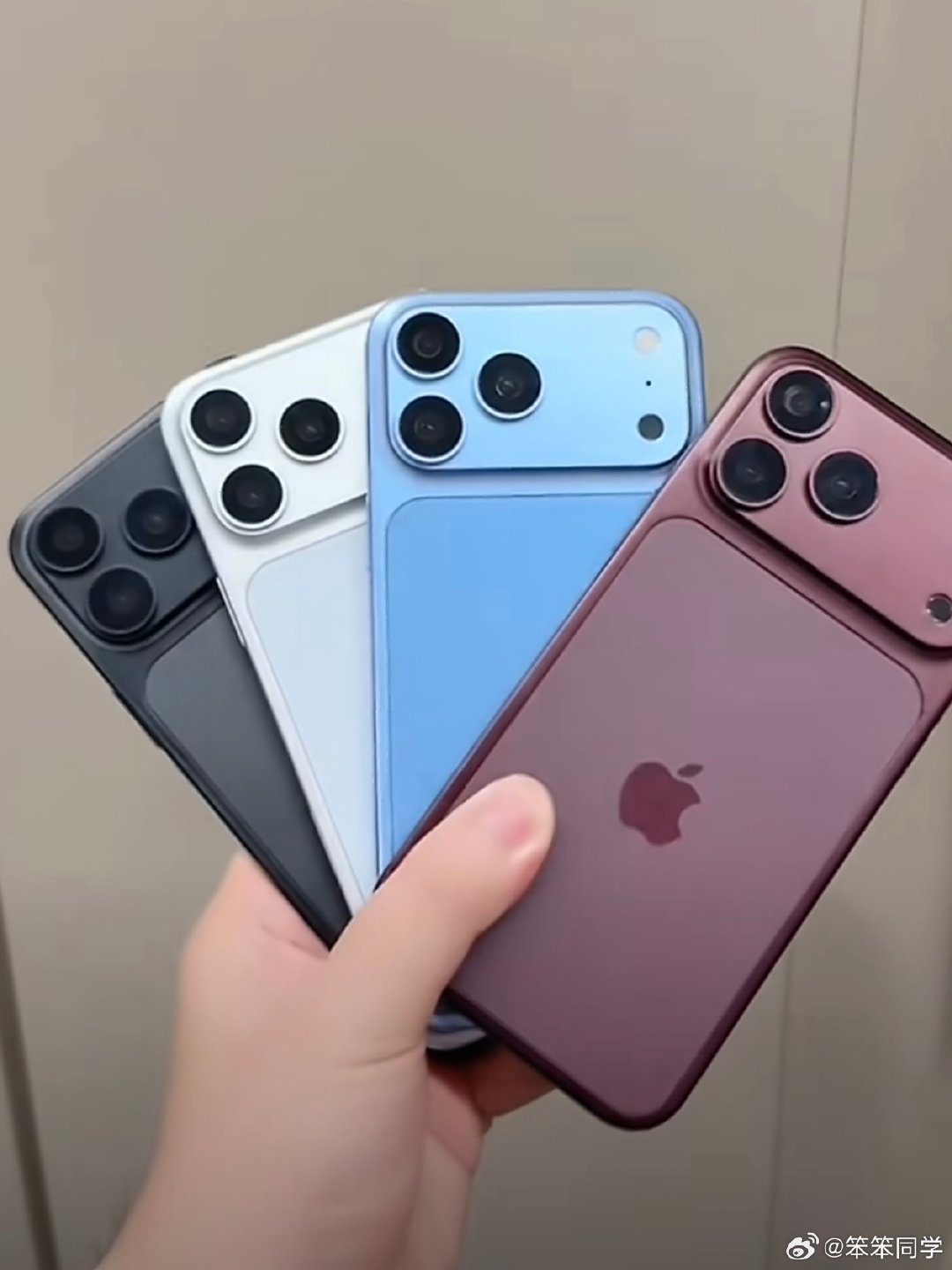#iPhone18Pro 配色# 通过机模来看的话，这4款配色都还不错，最受欢迎的应该是酒红色，你们最看好哪个配色？[吃瓜] ​