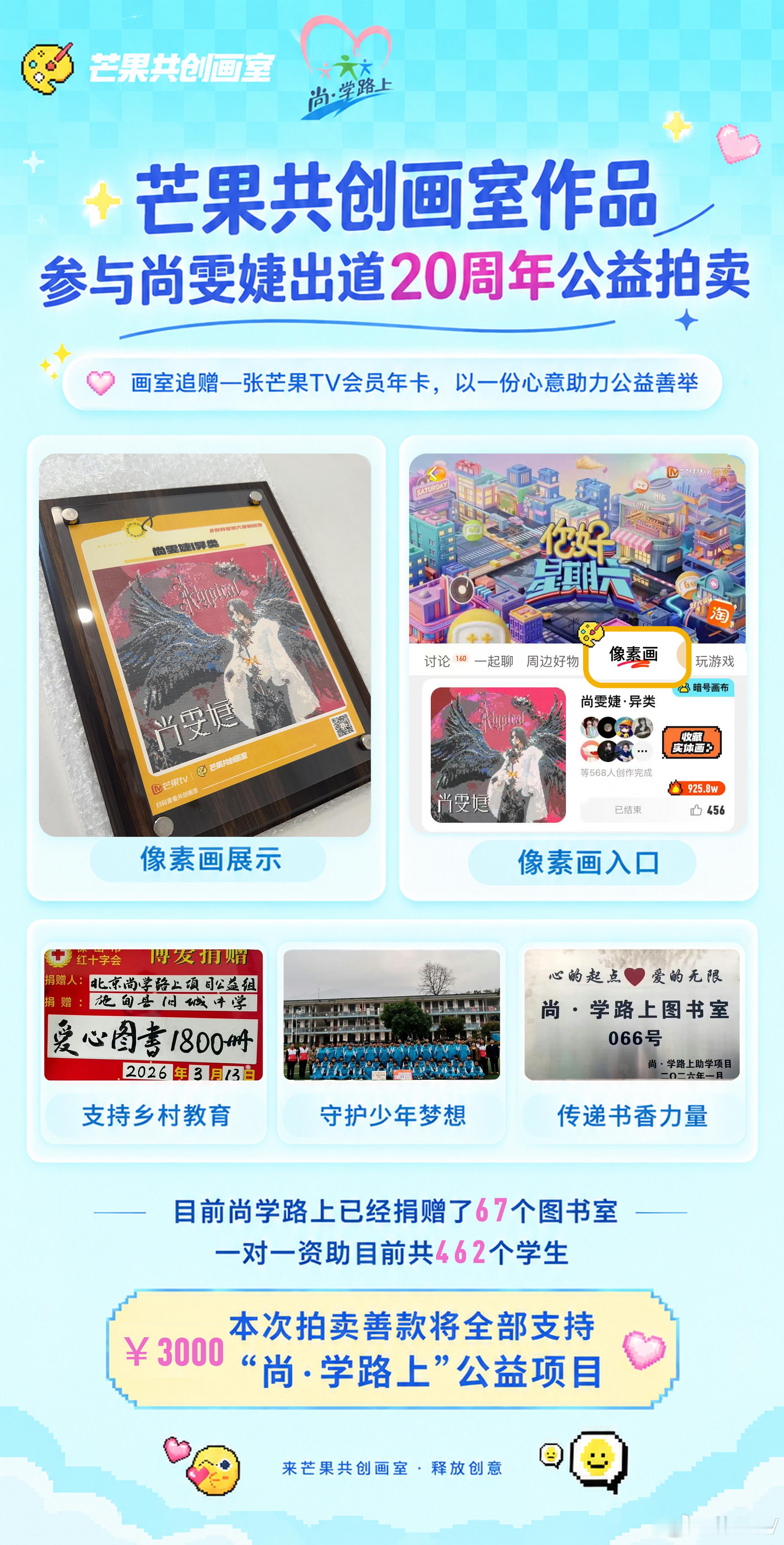 ✨爱心落槌！芒果共创画室 × 尚雯婕实体像素画作品（亲签版），在“尚雯婕出道20周年网络公益拍卖会”上以【3000】元温暖成交❤️

款项将捐赠“尚学路上”公益组织，用于资助贫困学生求学，以及为农村校园捐赠图书室📚

像素画很小，爱却很大。
谢谢​