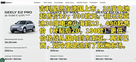 吉利星愿在德国上市，35度电池起售价19，990欧元。相比比亚迪30度电池小海鸥23，490欧售价（补贴后20，190欧）更低。价格战从国内到东南亚、再到巴西，如今更是追到了欧洲市场。#吉利星愿#比亚迪海鸥