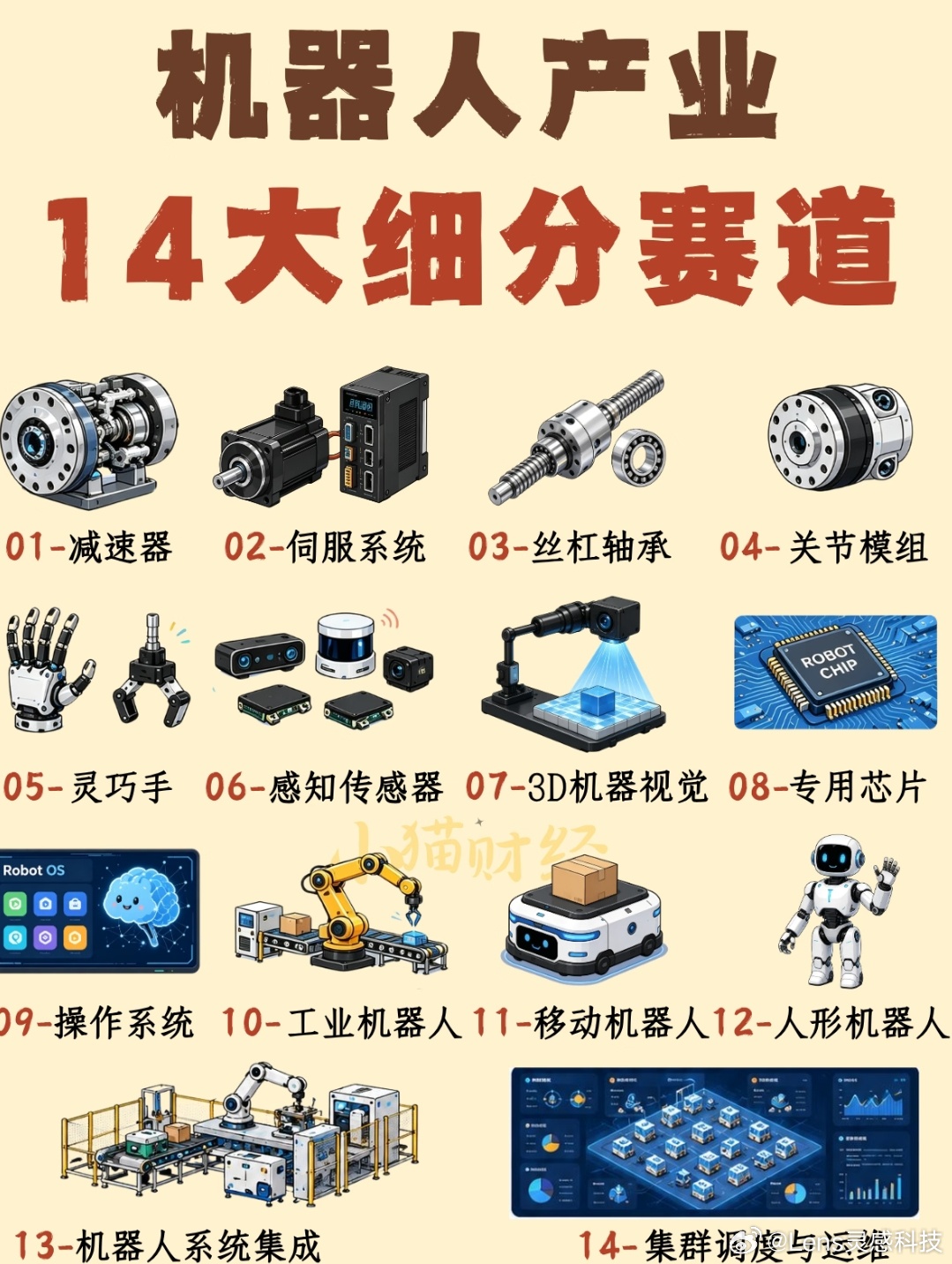 机器人产业已经拆出14大细分赛道，从上游核心零部件到整机、软件再到后端运维，整条产业链越来越清晰。
减速器、伺服系统、丝杠轴承、关节模组是硬件根基，决定了机器人运动精度；灵巧手、感知传感器、3D视觉、专用芯片负责感知外界，是机器人的“眼和手”。
操作系统提供底层调度，工业、移动、人形机 ​