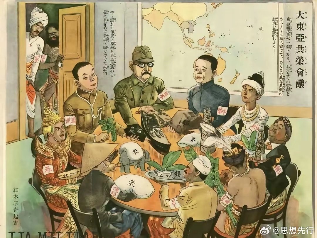 日本当年画的“大东亚共荣圈”宣传画，包括汪伪政权、缅甸、兰印（印尼）、比岛（菲律宾）、马来、佛印（法属印支）、泰国和伪满，门外是印度和濠州（澳洲），1930年代。 ​