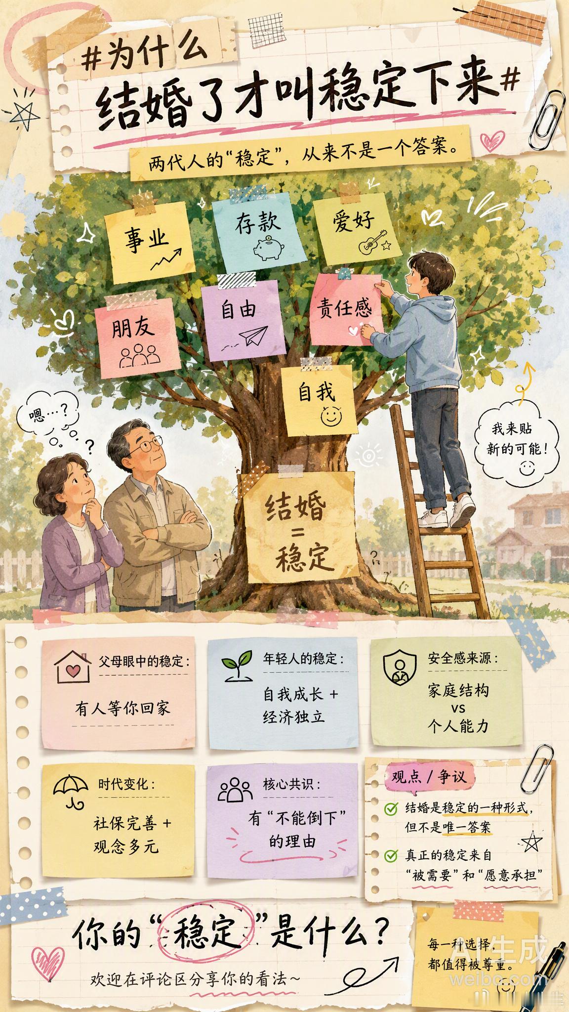 为什么结婚了才叫稳定下来你有没有听过这句话——“等你结了婚，人就稳当了。”父母那代人觉得，结婚生子是人生“定海神针”：有人搭伙过日子，遇事能商量；有了孩子，就有了牵挂和依靠。在他们眼里，稳定不是银行卡数字，而是“有人等你回家”。但现在的年轻人想法不一样了：· 经济独立+社保完善，婚姻不再是唯一的安全网· 个人成长、职业发展、精神满足也被纳入“稳定”的考量· 不婚、丁克、晚婚都能被社会理解和接纳说到底，两代人的分歧，是对“安全感”来源的理解不同。父母的安全感来自家庭结构和社会认可，年轻人的安全感更多来自自身能力和自主选择。结婚可以是稳定的一种形式，但不是唯一答案。真正的稳定，或许是有“不能倒下”的理由——无论是家庭、事业，还是自我。你觉得呢？你的“稳定”是什么？情感热点创作激励计划情感态度表达