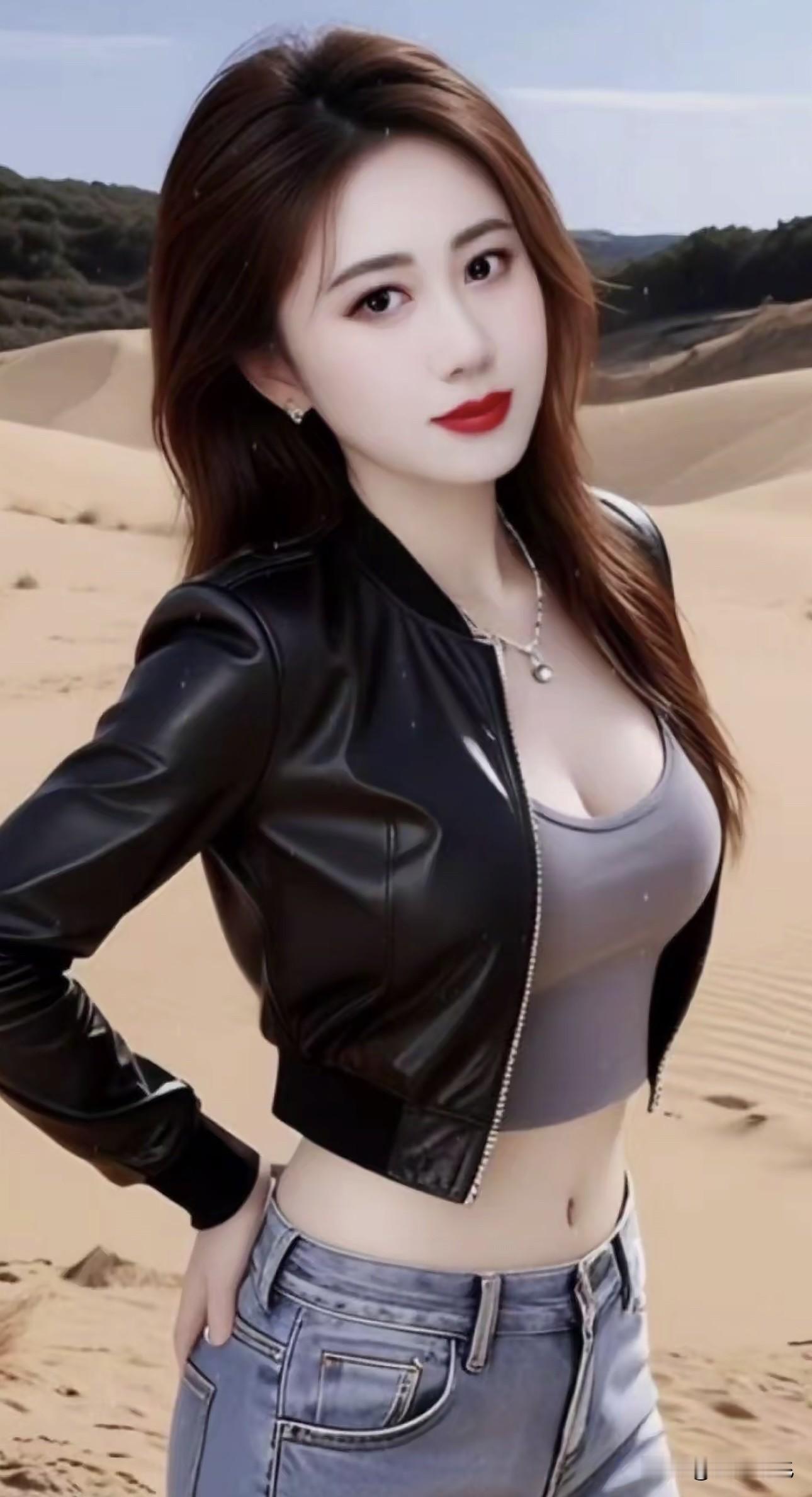沙漠中的时尚少女，红唇与皮夹克相得益彰，尽显酷炫风范！🌵💄👗