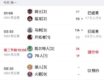 今日NBA季后赛，四场比赛进行中<br />直播及回放：（复制到浏览器打开）