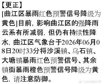【更正】 [曲江区暴雨红色预警信号降级为黄色]目前，影响曲江区的强降雨...
