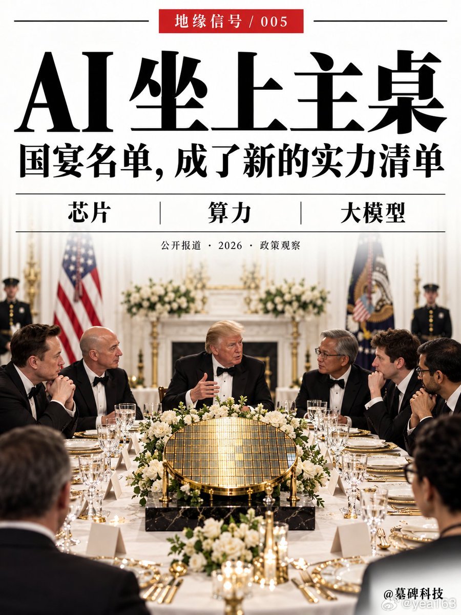 白宫周四的这场国宴，主桌上坐的不是外交官。

是造芯片和搞AI的人。
川普把全美最硬核的科技巨头，全拉去了现场。

这份名单有多硬？
埃隆·马斯克、英伟达首席执行官黄仁勋、亚马逊创始人贝佐斯，还有迈克尔·戴尔。
全美最强的算力、芯片和AI资本，排成一排坐在主桌上。 ​