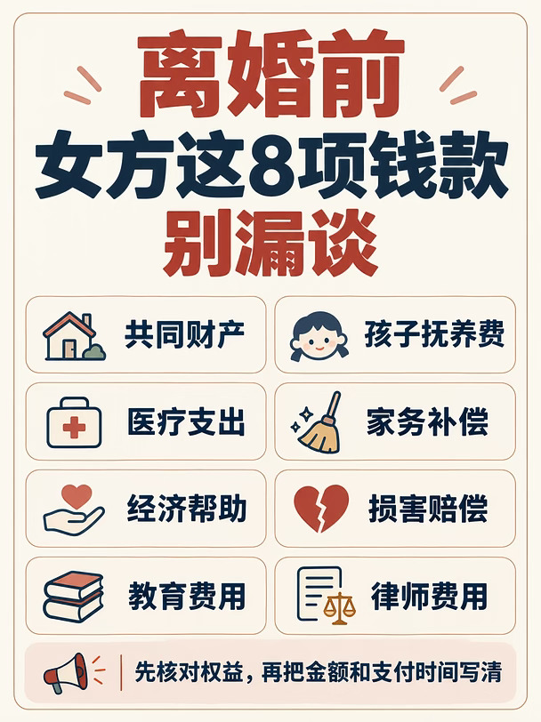 女方离婚前，8项钱款别漏谈