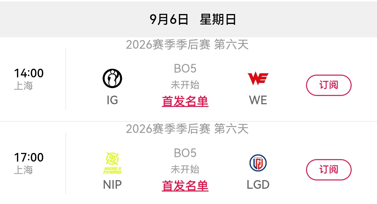 【2026LPL季后赛 9月6日赛果影响】
目前已确认晋级世界赛：BLG
目前已确认至少资格赛胜者组：AL
目前已确认至少资格赛败者组：TES、WE
目前已确认资格赛败者组：JDG

明日赛程：IG vs WE // NIP vs LGD
明日可能更新状态战队：IG、WE、NIP、LGD、TES
1️⃣若WE战胜IG，则IG无缘全球总决赛资格赛
2️⃣ ​