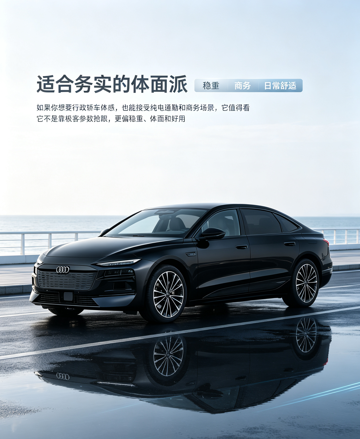 奥迪A6L e-tron是纯电中大型轿车，保留奥迪稳重豪华的气质，后排空间宽敞。长续航版本日常通勤、商务接待都合适。属于偏体面的纯电座驾，适合家里有固定充电桩的用户。【来自懂车帝车友圈】