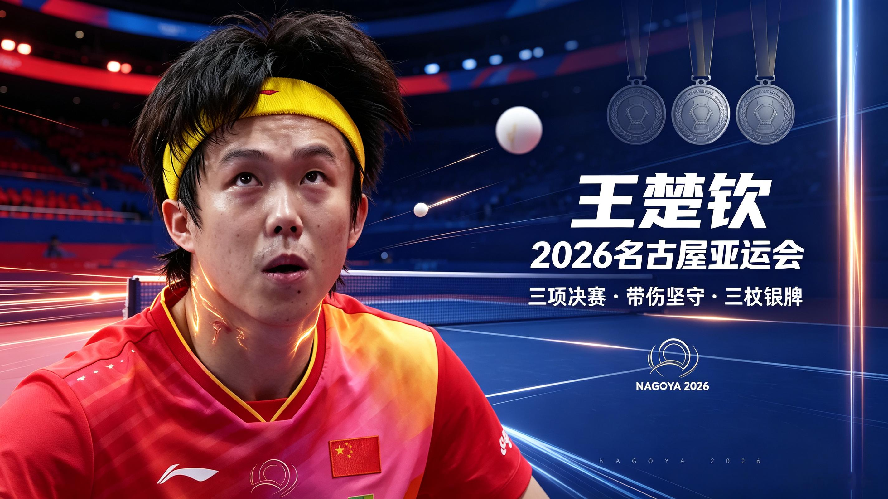 硝烟散尽名古屋，三银背后的负重前行——王楚钦2026亚运会全纪录
 
当名古屋亚运会乒乓球赛事落下帷幕，王楚钦带着三枚银牌结束了这一段五味杂陈的亚运征程。三年前杭州亚运会，他横扫四项冠军，成为亚运史上首位男子四金王；而2026年的名古屋，他身兼男团、混双、男单三项，全部闯入决赛，却与每一块金牌擦肩而