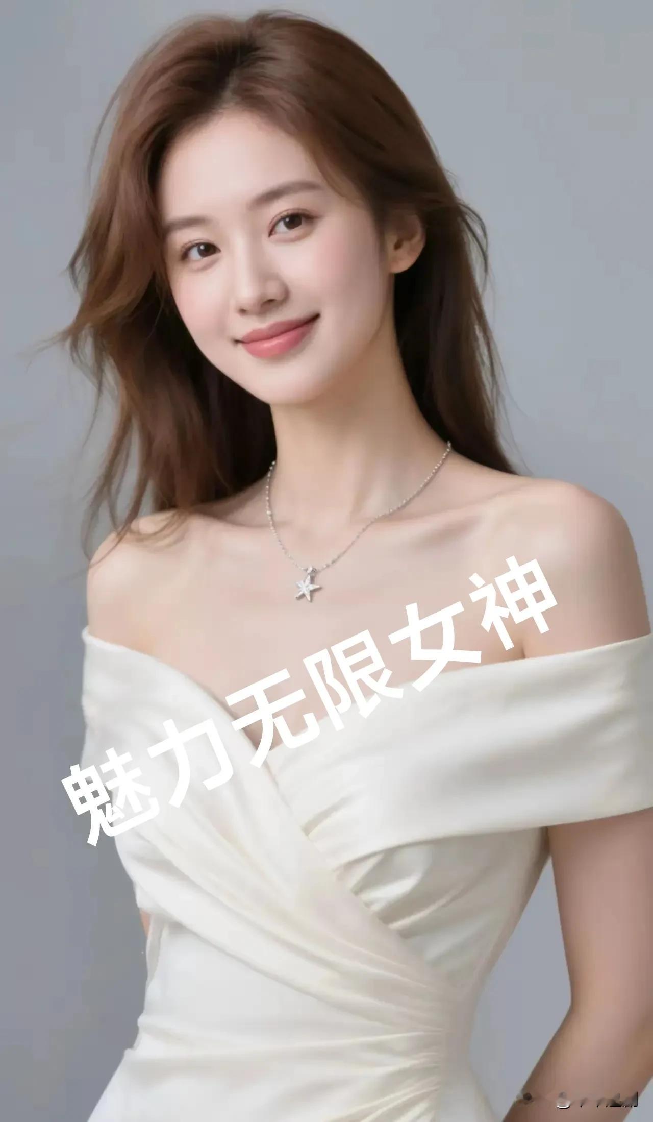 她身着米白露肩裙，颈间星饰闪耀，长发微扬浅笑盈盈，魅力如月光般温柔铺洒...
