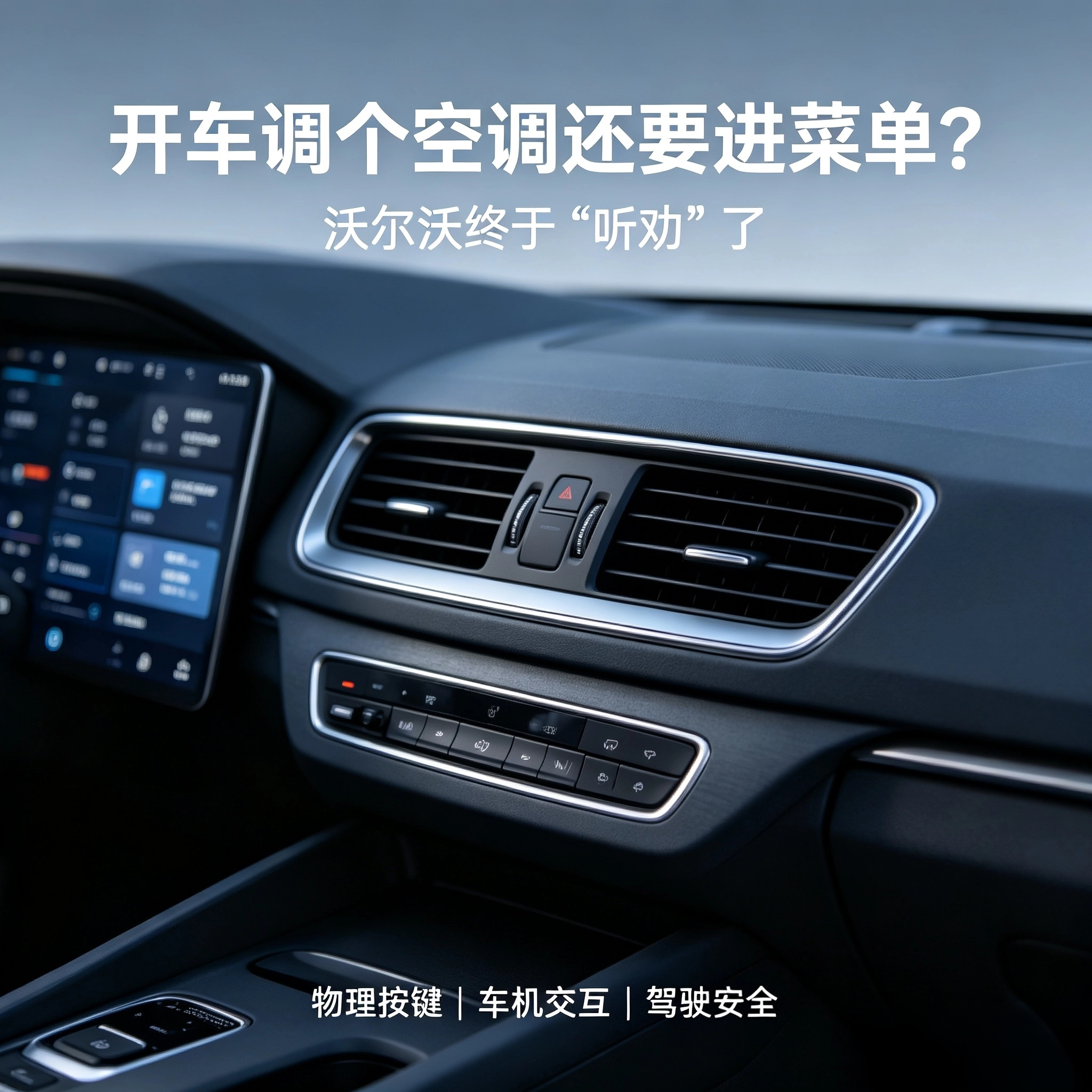 开车调个空调还要进菜单？沃尔沃终于“听劝”了

你有没有过这种瞬间：高速上想关掉座椅加热，眼睛却得从中控大屏里翻三层菜单；雨刮突然狂刷，手指在屏幕边缘划了半天才点中。近几年“全触控=高级感”被车企奉为真理，可真上路才发现：屏幕越美，盲操越险。沃尔沃现在亲自把这句话掰了回来——未来新车，要把更多实体按