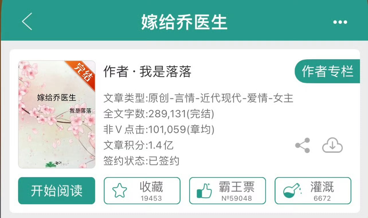 小说推荐：《嫁给乔医生》 
作者:我是落落
简评：新闻女记者vs无国界男医生，暗恋，先婚后爱。

男女主是闪婚的，女主早就暗恋男主，男主则就是觉得女主合适。婚后男主就去了非洲，一待就是两年。开篇就是男主回国，之后女主因为工作也跟着去了非洲。在此期间，两人共同经历危险和困难，一向冷静的男主 ​