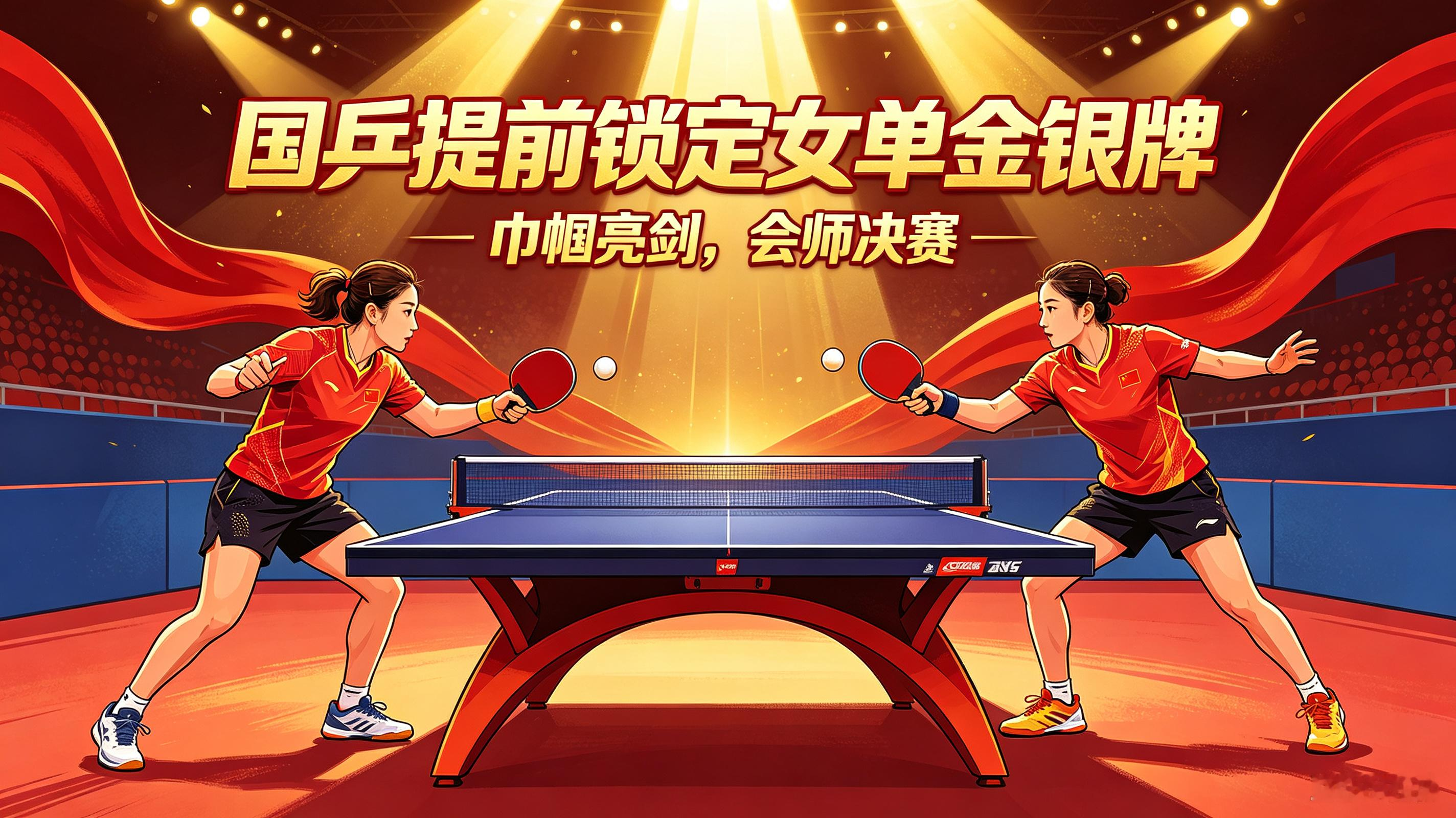 国乒提前锁定女单金银牌
 
赛场传来振奋人心的好消息！国乒女将凭借过硬实力，顺利会师半决赛之后的决赛，提前包揽女单金银牌，守住属于中国乒乓的荣光。
 
两位女选手在赛场上敢打敢拼，每一次挥拍、防守与反击，都凝聚着常年刻苦训练的汗水。决赛虽是队内对决，她们依旧会全力以赴，互相切磋，共同呈现一场高质量的
