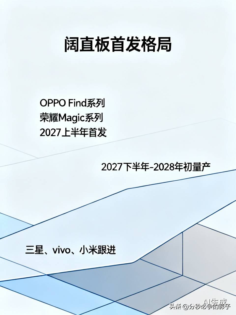 在阔直板（宽屏直板）形态上，安卓阵营首发格局已初步明朗。OPPO与荣耀处于首发第一梯队：OPPO依托Find系列探索阔直板形态，荣耀则借Magic系列跟进，两者均有望在2027年上半年率先推出概念或限量机型，争夺“安卓首发”标签。

主流厂商量产排期集中在20