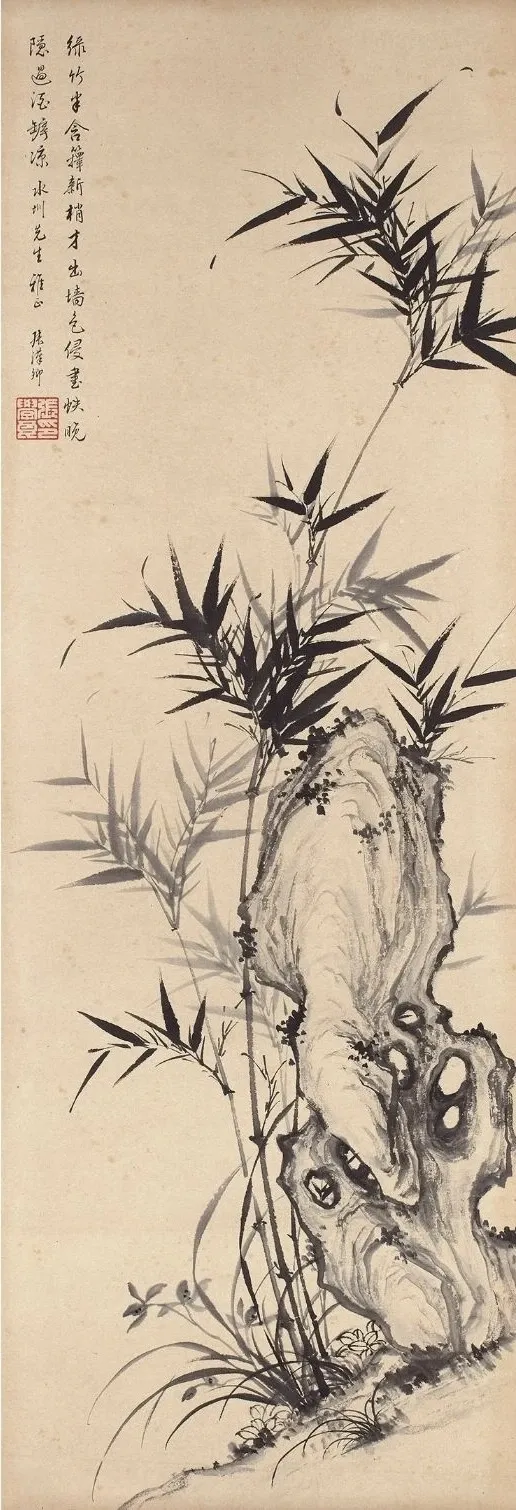 张学良作！编号523，（竹石图），100ⅹ34厘米，水墨纸本，立轴，题识，绿竹半含箨新梢才出墙，色侵书帙晚，隐过酒罇凉水圳先生雅正，张汉卿，钤印张学良印，台北宇珍成交。