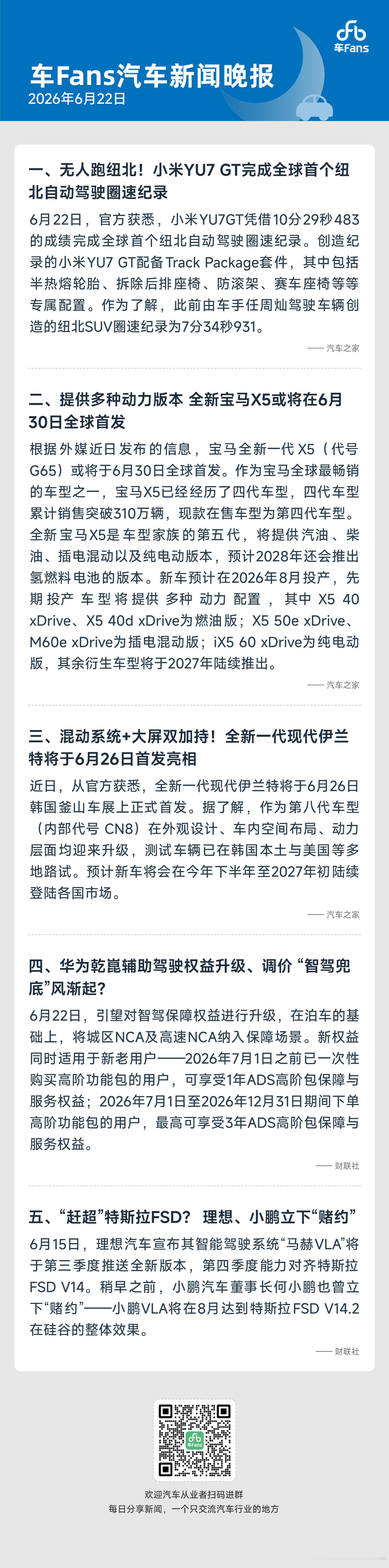 22号晚报，发晚了 创造纪录的小米YU7GT配备Track Packa...