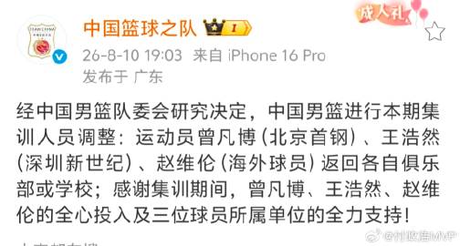 中国篮球之队宣布：男篮集训名单调整，曾凡博（北京首钢）、王浩然（深圳新...