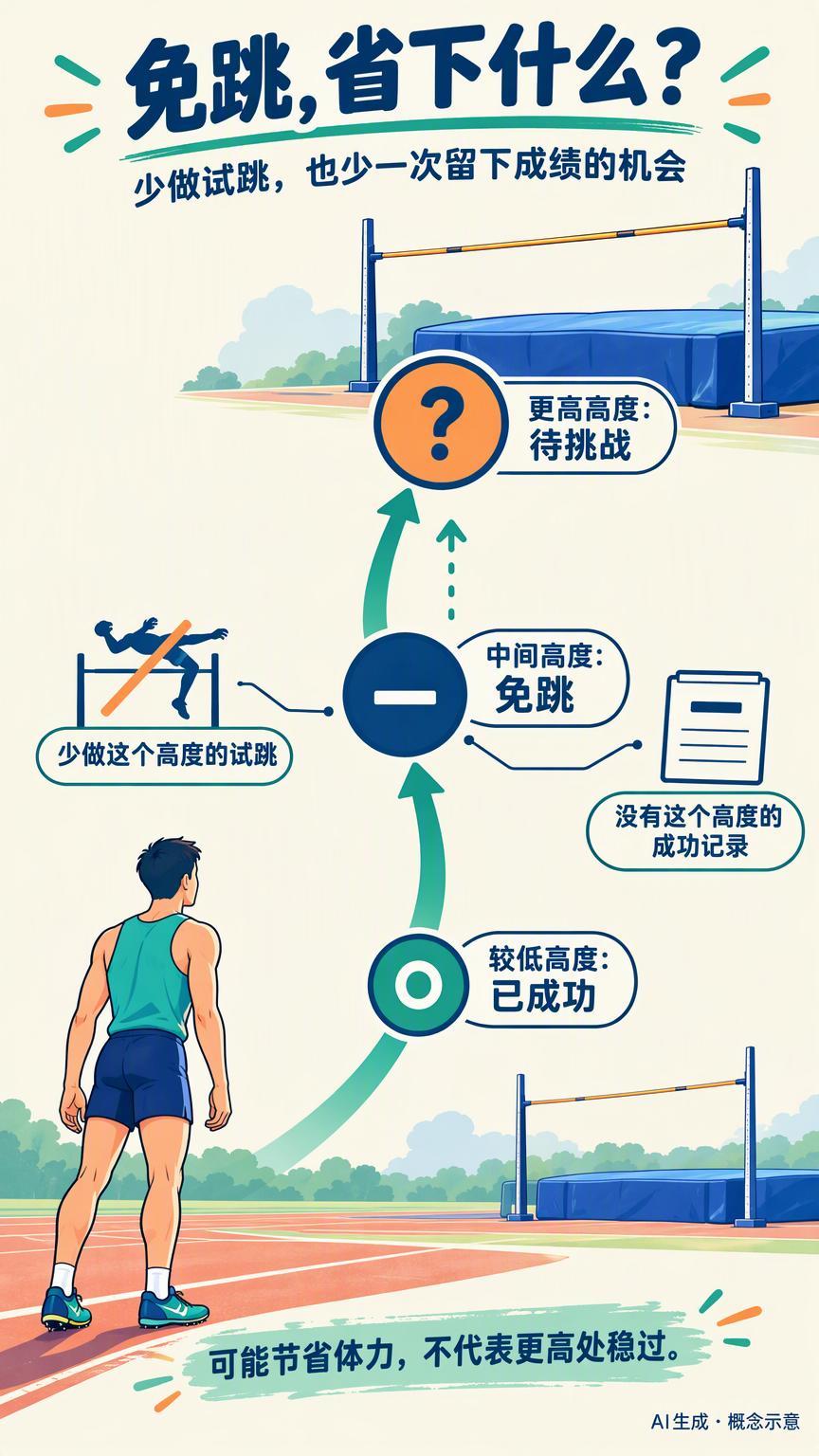 跳高轮到他却不跳，这是放弃还是留一手？

#跳高免跳不等于已经跳过#
假如看2026年亚运会田径跳高时，轮到一位选手，他却选择这个高度不跳，你会不会替他着急：别人都在往上蹦，他怎么还把机会往外推？先别把这理解成退赛，他可能只是选择了“免跳”。

免跳，说白了就是主动跳过某个高度。这不是放弃 ​