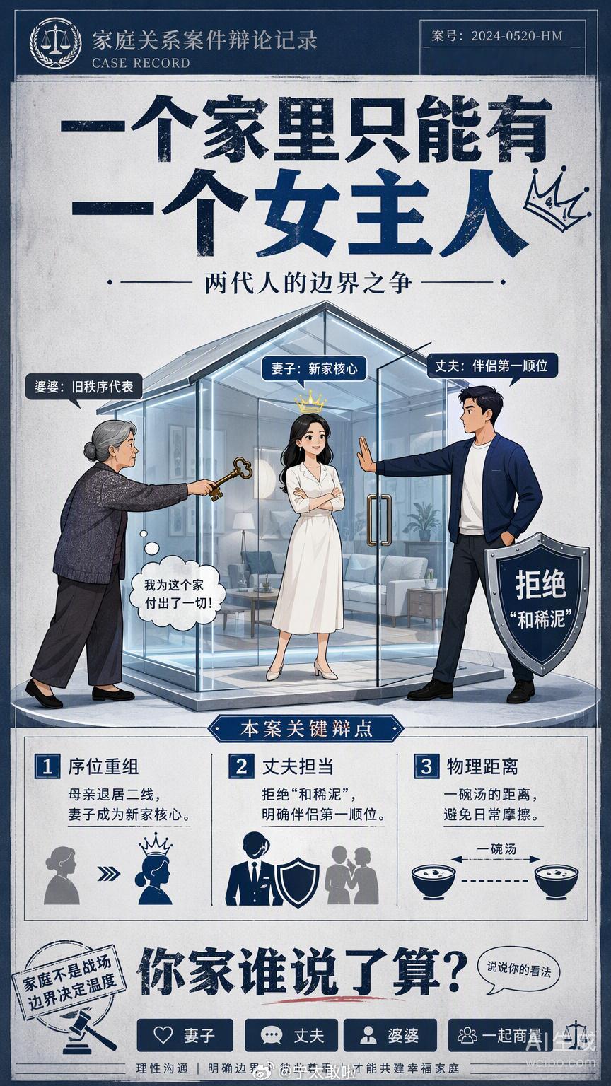 “一个家里只能有一个女主人”，这话听着刺耳，其实是在给小家庭立规矩。

很多人把这理解成婆媳之间的权力博弈，但真正的症结从来不在两个女人身上，而在那个夹在中间的男人。结婚意味着家庭序位的重组，母亲得体地退居二线，妻子顺理成章地成为新家的核心，这不是不孝，是成年人的边界感。

最让人后 ​