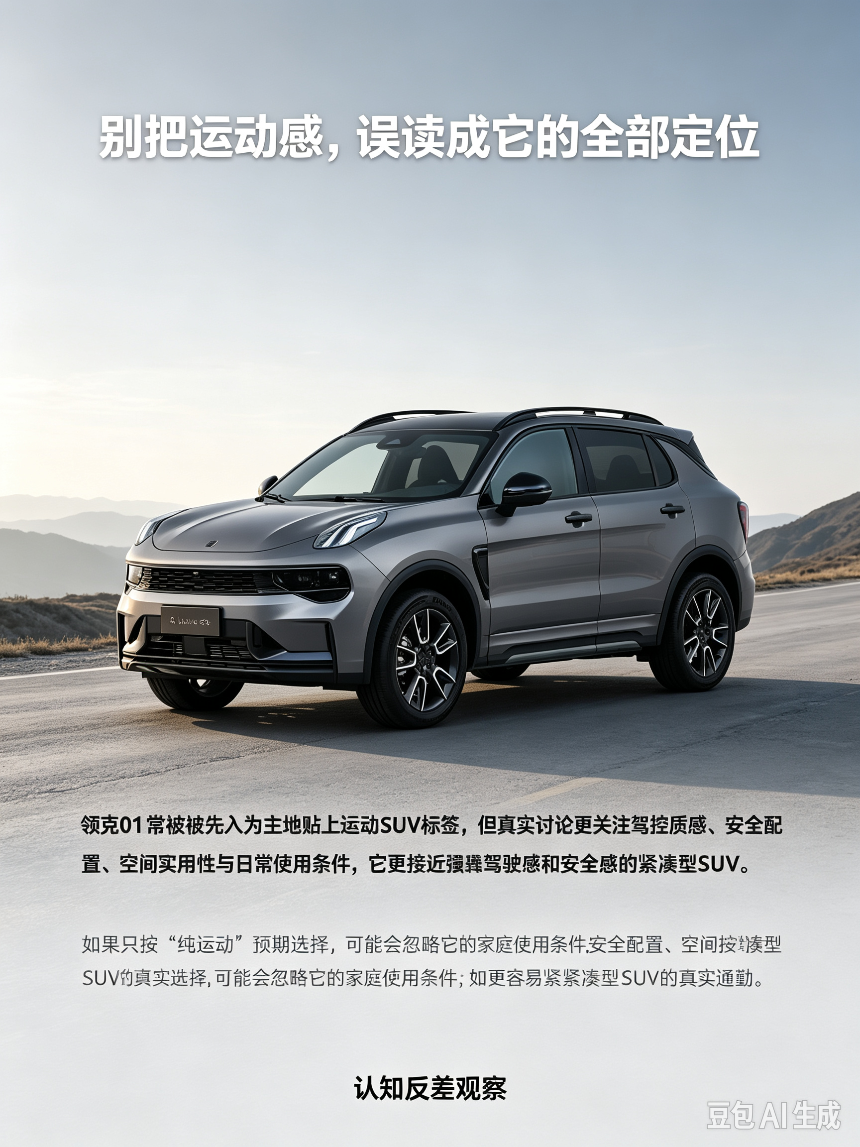 领克01，外观自带硬朗潮酷气质，第一眼很容易当成硬核越野SUV。但实际定位是城市紧凑型SUV，底盘扎实，驾控质感不错。很多人对它有认知反差，看着像越野，更适合城市通勤和轻度郊野出行。如果想重度越野，就要理性看待它的能力边界。【来自懂车帝车友圈】