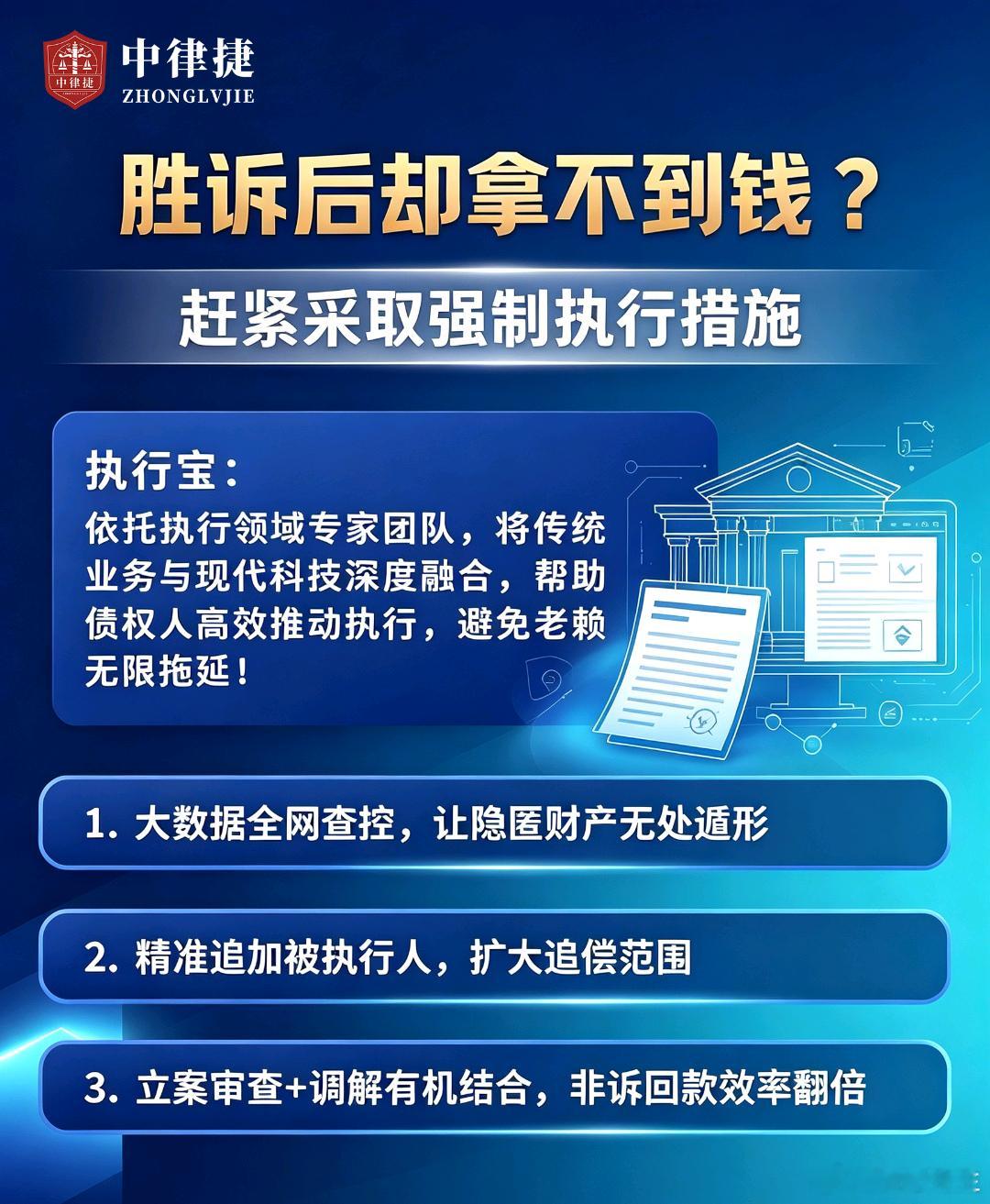 中律捷・执行宝
官司赢了，钱款却迟迟拿不回？遇到老赖拖延，别束手无策。
中律捷执行宝，依托执行专家团队，融合法律与科技手段。大数据全网查控隐匿财产，精准追加被执行人，拓宽追偿范围。结合立案审查与调解，提升非诉回款效率，助力债权人打破执行困局，拿回属于自己的款项。  ​