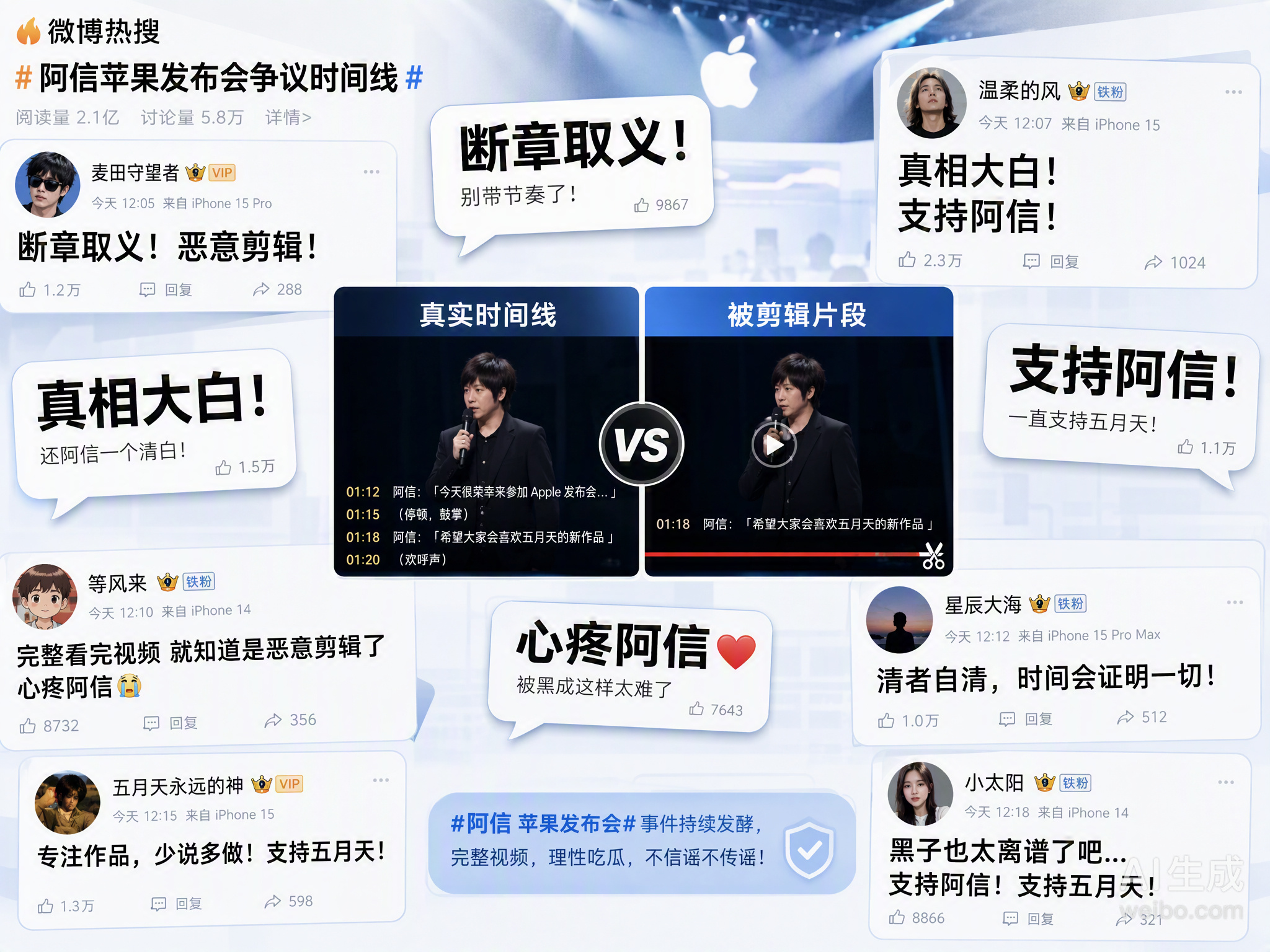 阿信在苹果发布会被传“回避来自中国”，完整视频一看就知道是断章取义。当时阿信还没到场，是他团队女工作人员向甲亢哥介绍“Ashin from China”，结果苹果一名外籍员工插嘴说“别提他来自中国，他不喜欢谈这个”。这段对话阿信全程不知情，后来见面时甲亢哥问“来自上海吗”，阿信答“台北”，城市对 ​