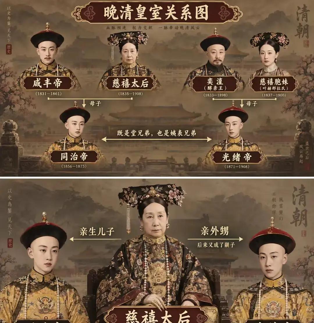 同治和光绪的相貌，为什么高度一致？两个人的长相就像是双胞胎一样。原因如下：
张勋在宫外第一次见到刚入宫的光绪皇帝时，几乎愣住了。御辇上那瘦小的孩子，眉眼轮廓竟像极了前些年夭折的同治帝。他下意识地垂首，心里却犯起嘀咕。
这并非偶然。醇亲王府里，光绪的生父奕譞对着铜镜，也曾长久凝视自己的面容。他想起早逝