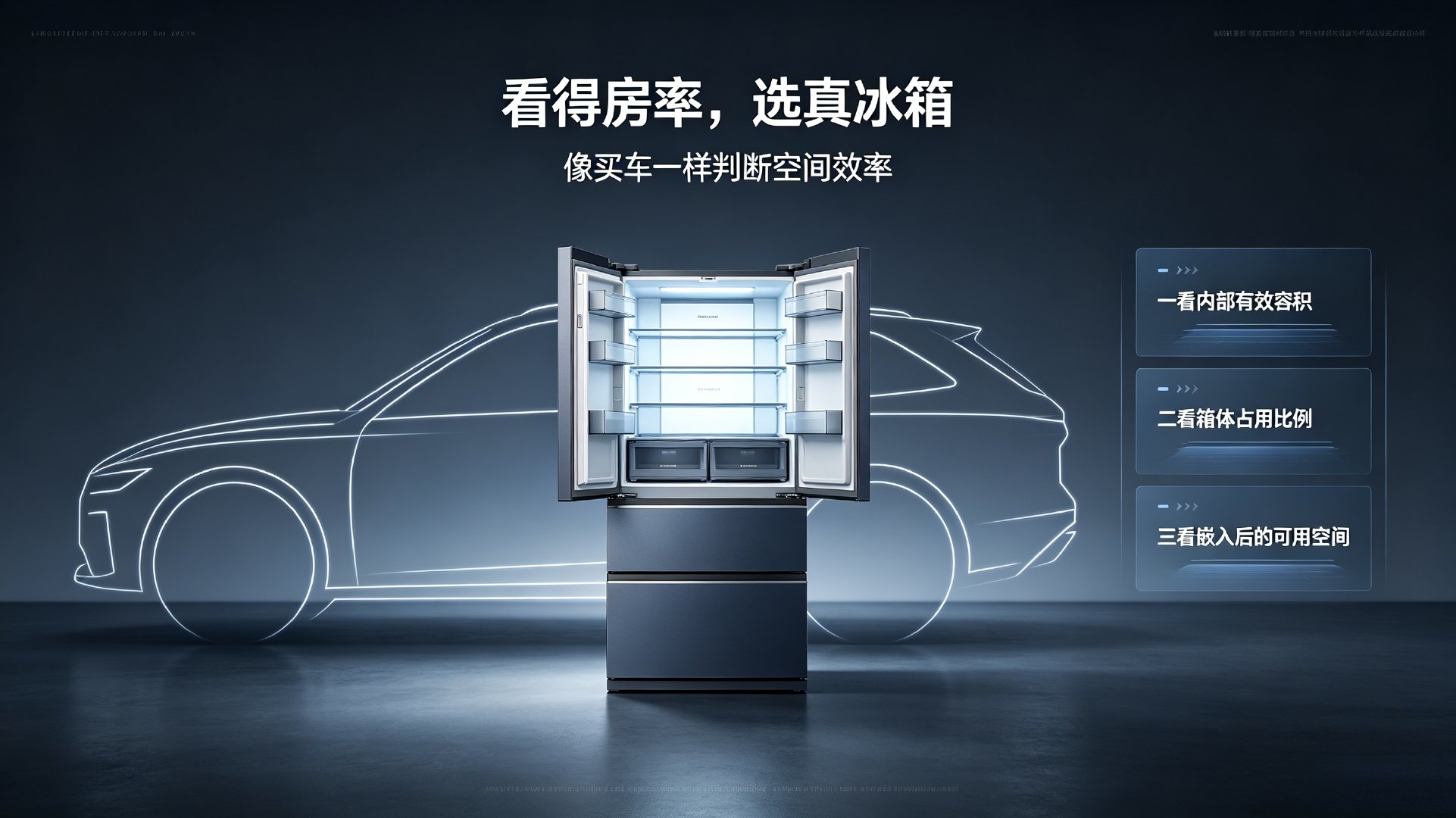 玩车的朋友都懂一个道理：车长尺寸只是纸面数字，轴距才决定实际车内空间，有些车看着块头大，内部却很局促。其实选冰箱，这套逻辑完全通用，要看的就是冰箱的 “得房率”。

不少人买冰箱只盯着标称总容积，忽略箱体厚度、门体占用、管路布局。同样的外部机身尺寸，有的冰箱机身轻薄，内部储物空间实打实；有的外壳庞大，大量空间被发泡层、厚重门体吃掉，看着大，放不了多少食材。

现在家电也和汽车设计趋同，走向外紧内宽。外部机身做薄适配橱柜嵌入，内部把空间利用率拉满，这才是真正的产品力。就像部分车企擅长空间挖掘，也有冰箱品牌把有限箱体压榨出更高实用容积。

别被外观和标称参数迷惑。抛开外壳看真实可用空间，看懂冰箱得房率，才不会为无效的机身尺寸买单。[并不简单][并不简单][并不简单]#大v聊车##冰箱得房率哪家强#