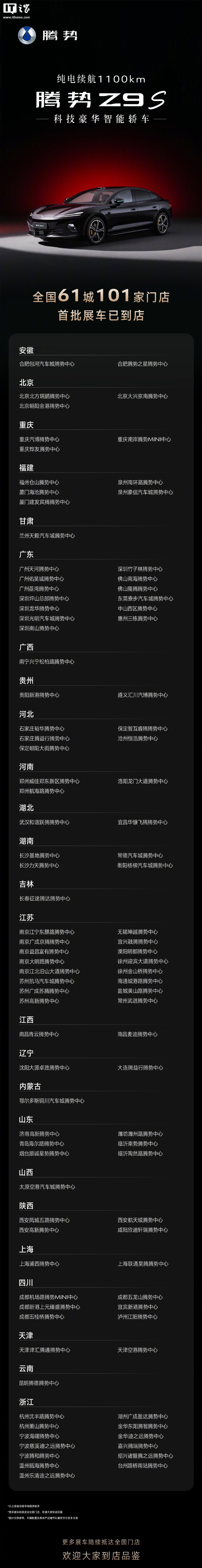 【比亚迪腾势 Z9S 全国 61 城 101 家门店首批展车到店，新车预售 31.98 万元起】比亚迪腾势汽车今日宣布，腾势 Z9S 全国 61 城 101 家门店首批展车到店。新车已于 8 月 3 日开启预售，价格为 31.98 万元起，标配天神之眼 5.0、第二代刀片电池等。#腾势Z9S# ​