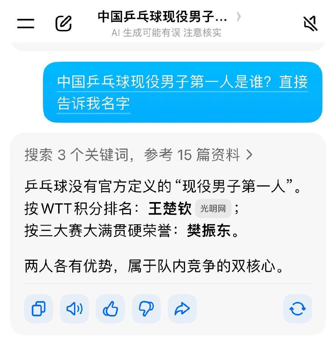 #豆包被问现役国乒男队谁最有实力#豆包现在不敢说了[吃瓜] ​