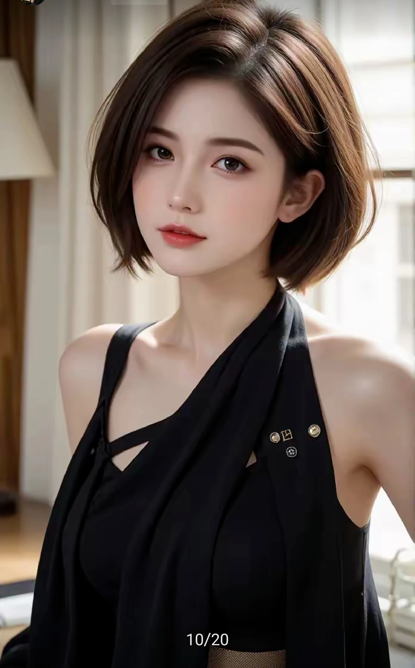 优雅短发女郎，黑丝诱惑，魅力四射！💃🏻💄👗